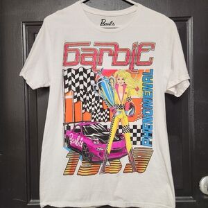 Barbie Phenomenal Racing Graphic T-Shirt White Medium Pink Car Checker Flag Tee